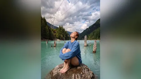 MilaSwan — MilaSwan sits cross-legged on a rock in a blue sweater, looking up at the sky over a turquoise lake.