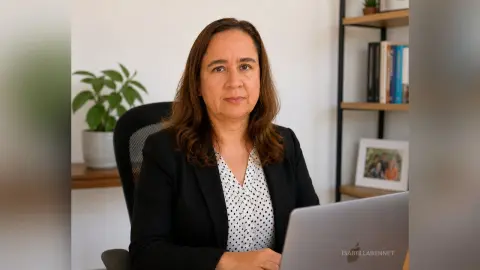 Professional brunette woman in a black blazer and polka dot blouse sitting in a bright home office.
