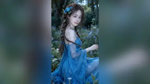 Ethereal woman in a flowing blue fairy dress posing in a dreamy, lush garden setting.
