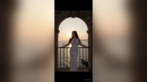 Elegant woman in a white evening gown standing on a balcony overlooking the ocean at sunset.
