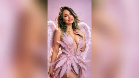 DorothyLake — DorothyLake poses in a feathered pink angel outfit with large white wings against a pink background.