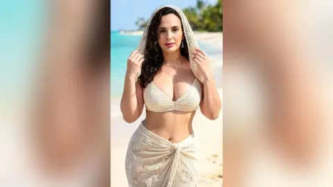 Woman in white crochet bikini and sarong posing on a sunny tropical beach.