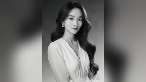 Elegant woman in a white v-neck dress with long wavy hair in a soft black and white portrait.