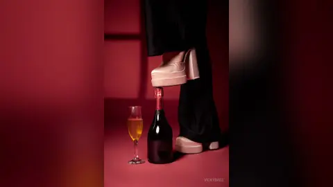 Elegant woman in black trousers and pink platform heels standing near a glass of champagne in a moody red setting.