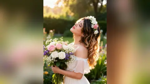 Dreamy portrait of a woman in a white dress holding a pink bouquet in a sunlit garden.