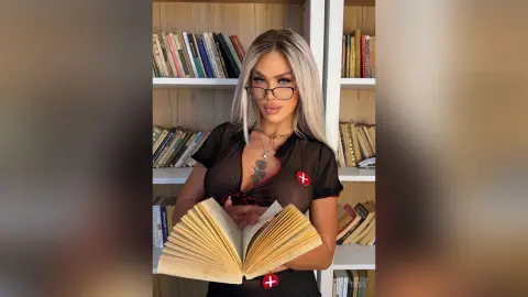 Blonde woman in a sheer black top and glasses reading an old book in a cozy home library.