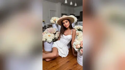 Elegant woman in a white summer dress and wide-brimmed hat sitting by floral arrangements in a bright room.