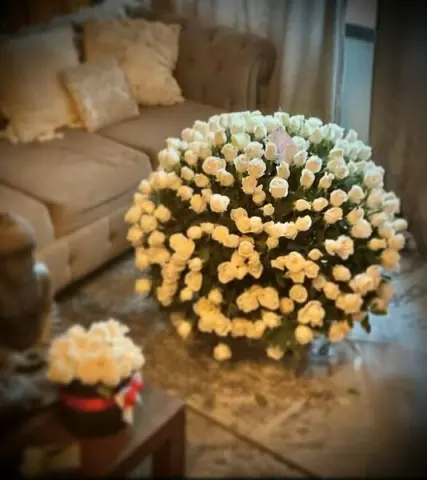 Large bouquet of white roses in a cozy, sunlit living room setting with soft neutral decor.