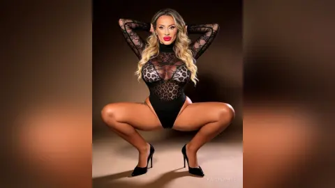 Glamorous blonde woman in a black lace bodysuit and high heels posing confidently against a brown studio backdrop.