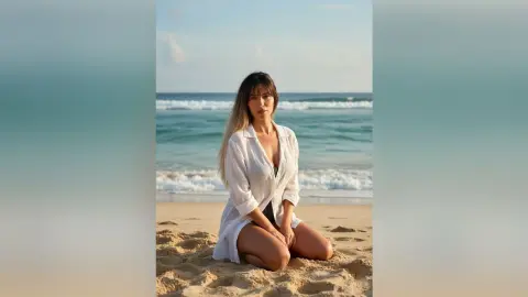 Katia sits on the beach wearing an open white shirt, looking at the camera with the ocean waves behind her.
