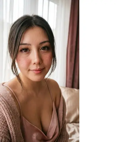 Young woman in a pink satin camisole and knit cardigan relaxing in a bright, sunlit bedroom.