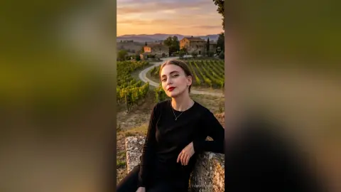 Elegant woman in a black long-sleeve top posing in a scenic vineyard at sunset.