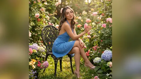 Young woman in a blue polka dot sundress sitting on a vintage chair in a lush rose garden during golden hour.