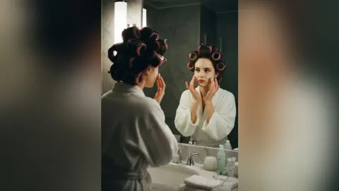 MichelineQuicksa — Young woman in a white bathrobe applying facial skincare cream in a bathroom mirror while wearing hair rollers.