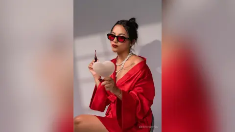 Stylish woman in a red satin robe and sunglasses holding a heart balloon in a minimalist studio setting.