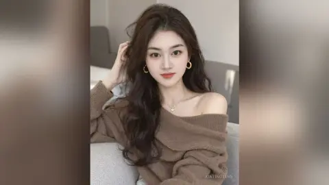 Beautiful young woman in a cozy brown off-the-shoulder sweater relaxing on a sofa with a soft, serene mood.