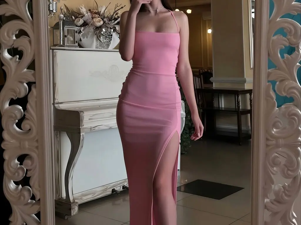 Elegant woman in a pink bodycon maxi dress with a side slit posing in a classic vintage room.