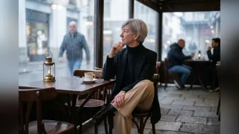 BellaMontclaire sits at a cafe table by a window, wearing a black turtleneck and blazer with her hair styled short.