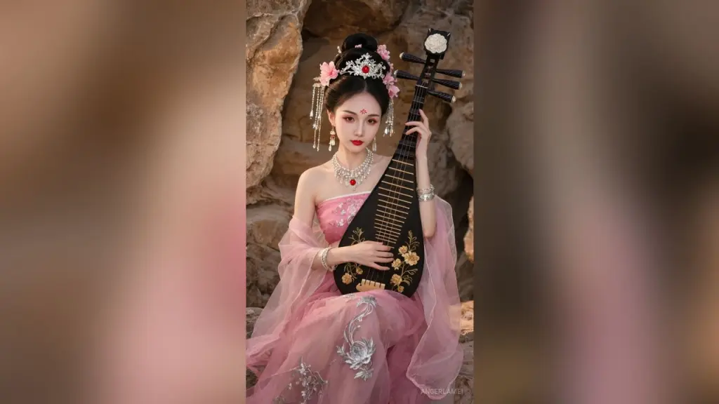 AngerlaMei — AngerlaMei poses in a pink off-the-shoulder dress while holding a traditional black pipa instrument against a rocky background.