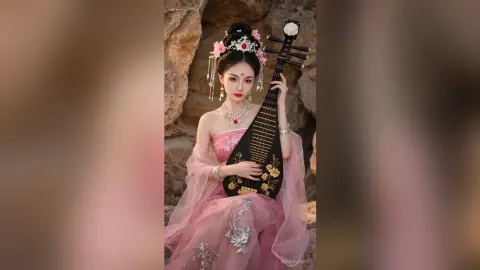 Elegant woman in pink traditional Hanfu playing a black pipa instrument in a rocky garden setting.
