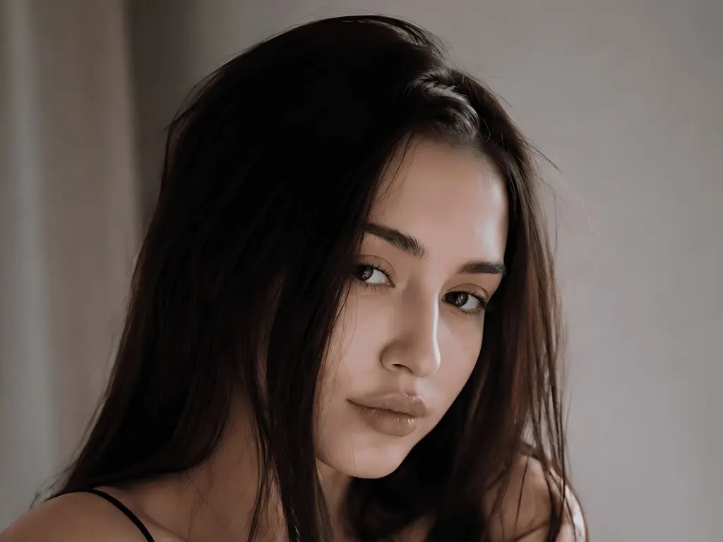Close-up portrait of a young woman with long dark hair looking thoughtfully at the camera in soft indoor lighting.