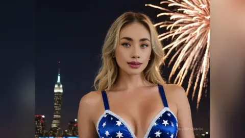 Beautiful blonde woman in a blue satin top posing against a night sky with fireworks and city skyline.