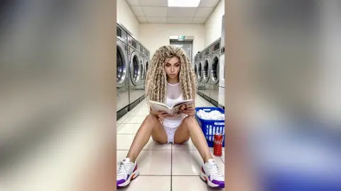Woman with long blonde dreadlocks in white bodysuit reading a book in a bright laundromat setting.