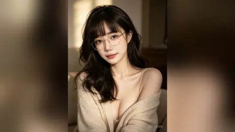 Young woman with glasses in a beige knit sweater posing in soft, warm indoor lighting.