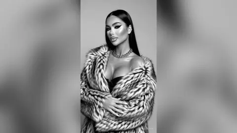 Glamorous woman in a luxurious faux fur coat and gold chain necklace posing in a moody black and white portrait.
