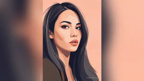 Digital portrait of a beautiful young woman with long dark hair and a serene expression in a minimalist style.