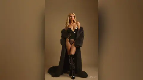 Glamorous blonde woman in a black lace bodysuit and tall boots wearing a luxurious oversized faux fur coat.