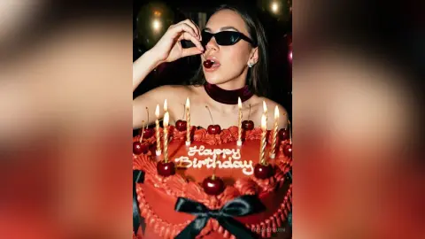 Stylish woman in black sunglasses enjoying a birthday celebration with a red cherry cake and festive decor.