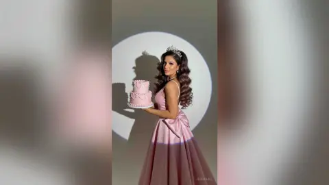 Elegant woman in a pink satin gown wearing a tiara and holding a small cake in a studio setting.