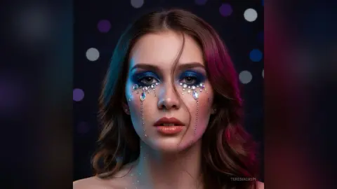 TeresiaCaspi looks stunning with blue eyeshadow and sparkling rhinestones applied around her eyes in a dark, bokeh-lit setting.