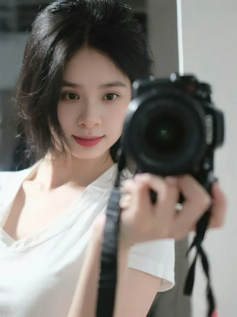 JessicaMe poses in a brown skirt and black top, sitting near white teddy bears in a room with a dark, decorated background.