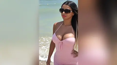 Woman in a pink halter neck dress wearing sunglasses on a sunny beach by the ocean.