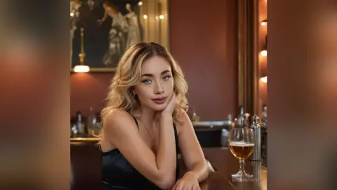 Elegant blonde woman in a black satin dress relaxing at a moody, dimly lit upscale bar with a drink.