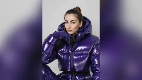 Young woman in a shiny purple puffer jacket and gloves posing against a white background with a chic mood.