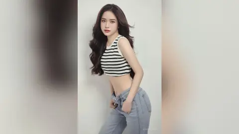 Young woman with long wavy hair wearing a black and white striped crop top and blue jeans in a studio setting.