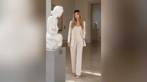 Elegant woman in a beige power suit standing next to a white marble statue in a bright art gallery.