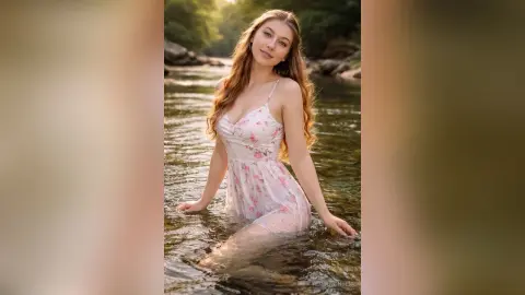 Smiling young woman in a floral sundress wading through a serene forest river during golden hour.