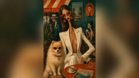 KatyMonro poses in a white suit and orange sunglasses next to a small fluffy dog at a cafe table.