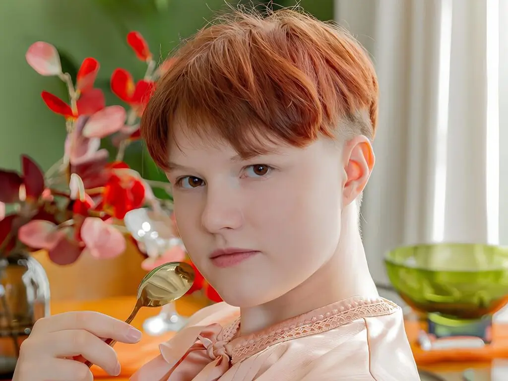 AuroraGlo holds a silver spoon near her mouth while wearing a light pink satin blouse.