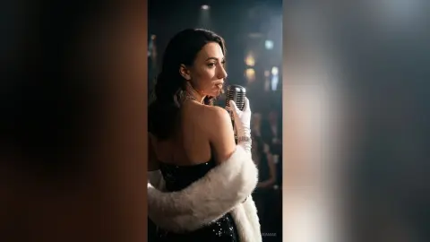 Elegant woman in a black sequin dress and white fur stole singing into a vintage microphone in a moody jazz club.