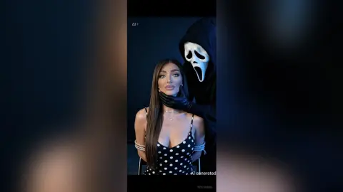 Woman in a black polka dot dress posing with a spooky Ghostface character in a dark, moody setting.