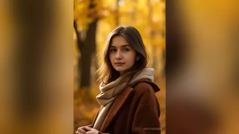 Young woman in a brown wool coat and beige scarf posing in a warm, golden autumn forest setting.