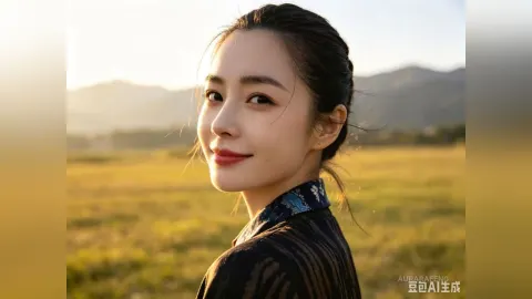 AuraraFeng — AuraraFeng smiles while looking over her shoulder in a dark patterned top against a sunset field background.