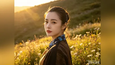 AuraraFeng — AuraraFeng poses in a field of wildflowers during a golden sunset wearing a patterned blue and brown top.