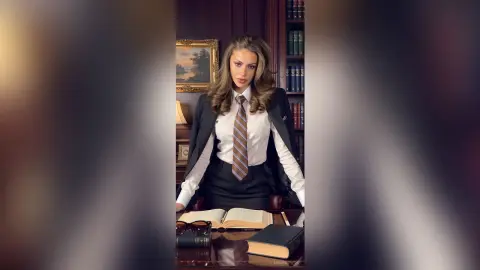 AnaMathers poses at a desk wearing a white shirt, dark tie, and black blazer with a matching skirt.