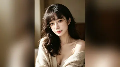 Young woman with glasses and long dark hair wearing a cozy cream cardigan in soft natural lighting.